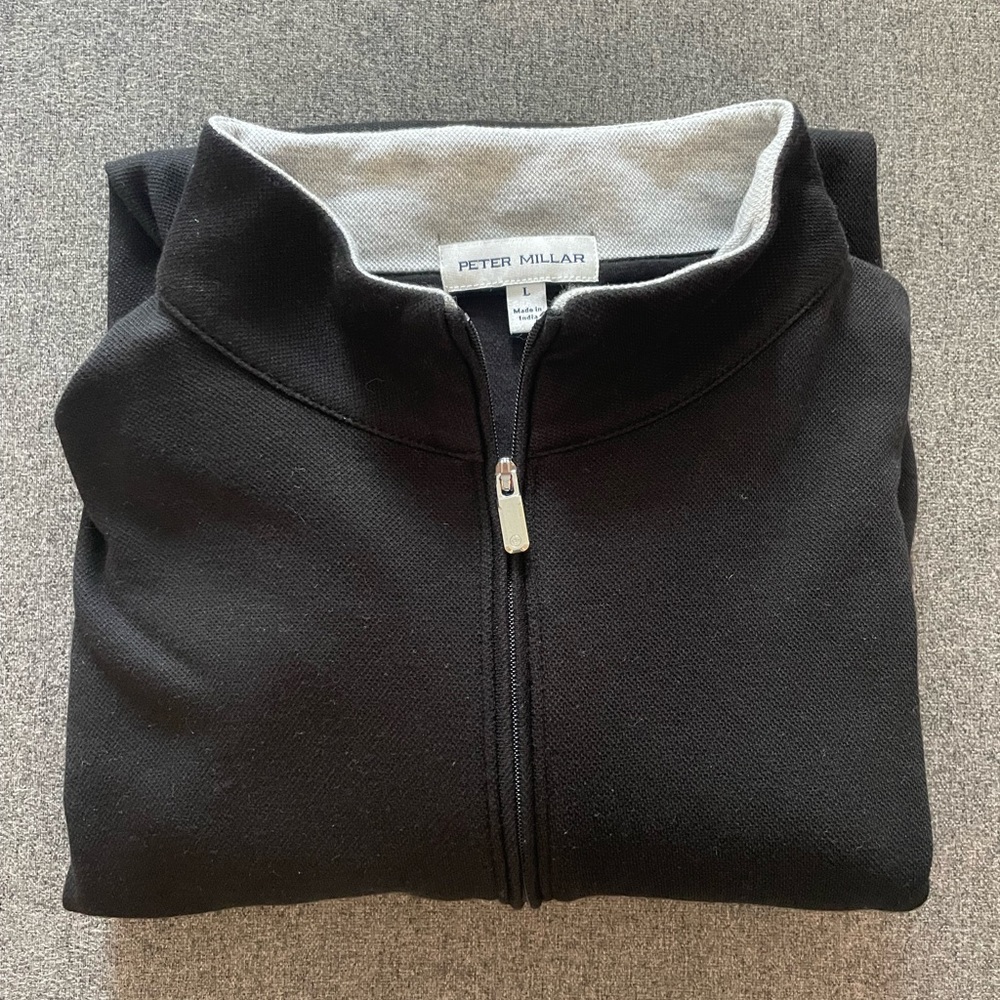 Peter Millar Large Black 1/4 zip sweater with TaylorMade sleeve logo